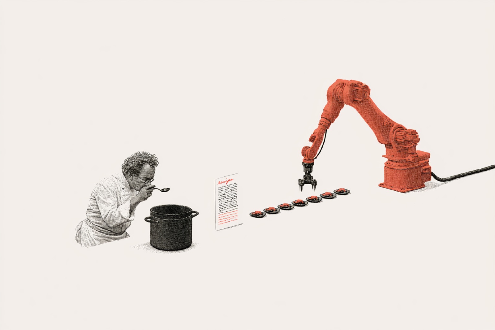 A chef tasting from a pot while a robot arm plates identical dishes from a recipe