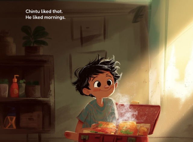 When No One Saw, a boy smiling at a steaming tiffin box